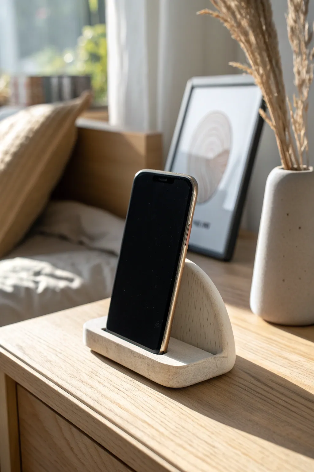 Minimal clay phone stand on a warm wood nightstand, modern calm decor with a soft boho touch.