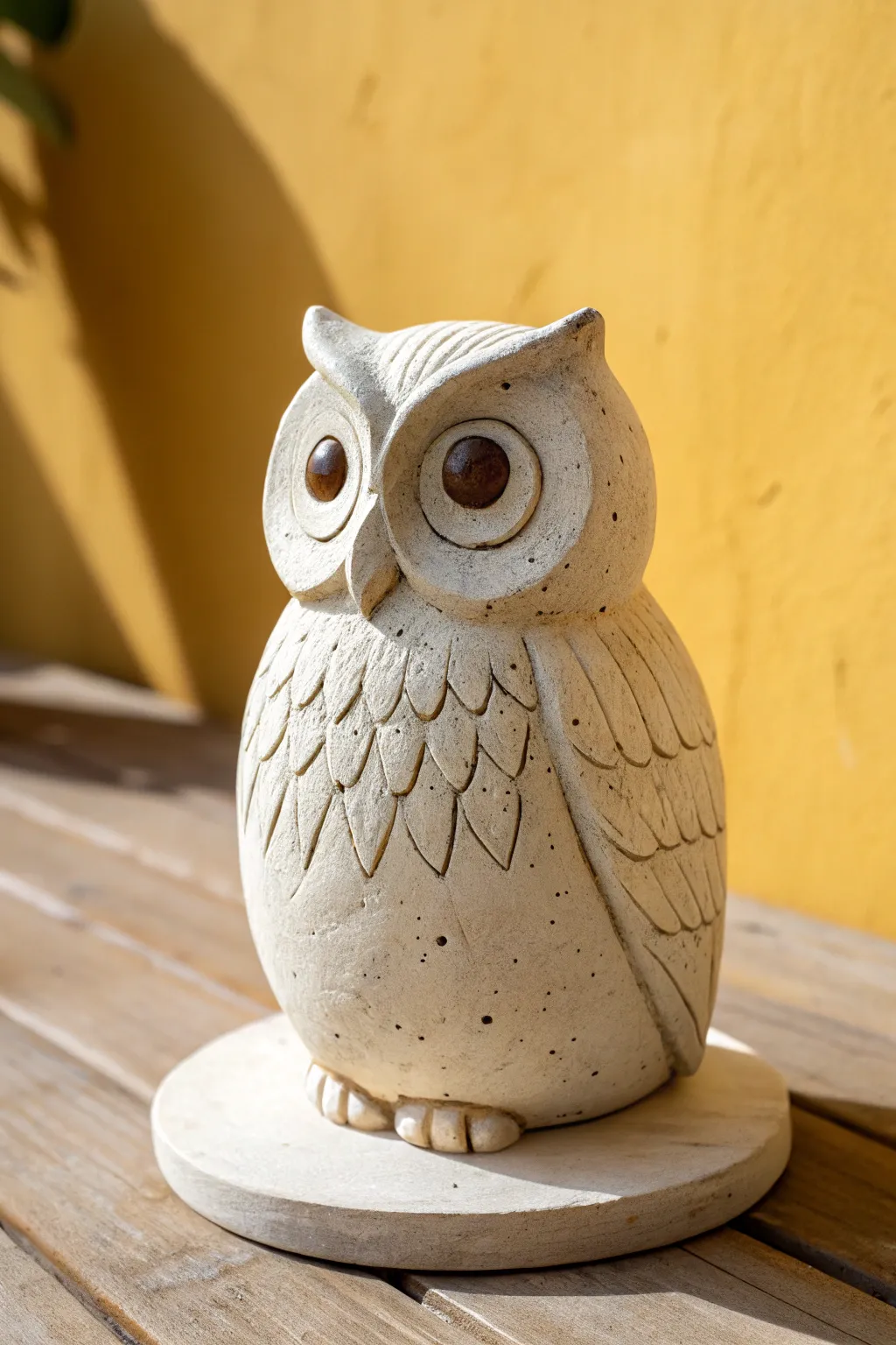 Simple clay owl with stamped feather texture and big eyes, perfect beginner sculpting idea.