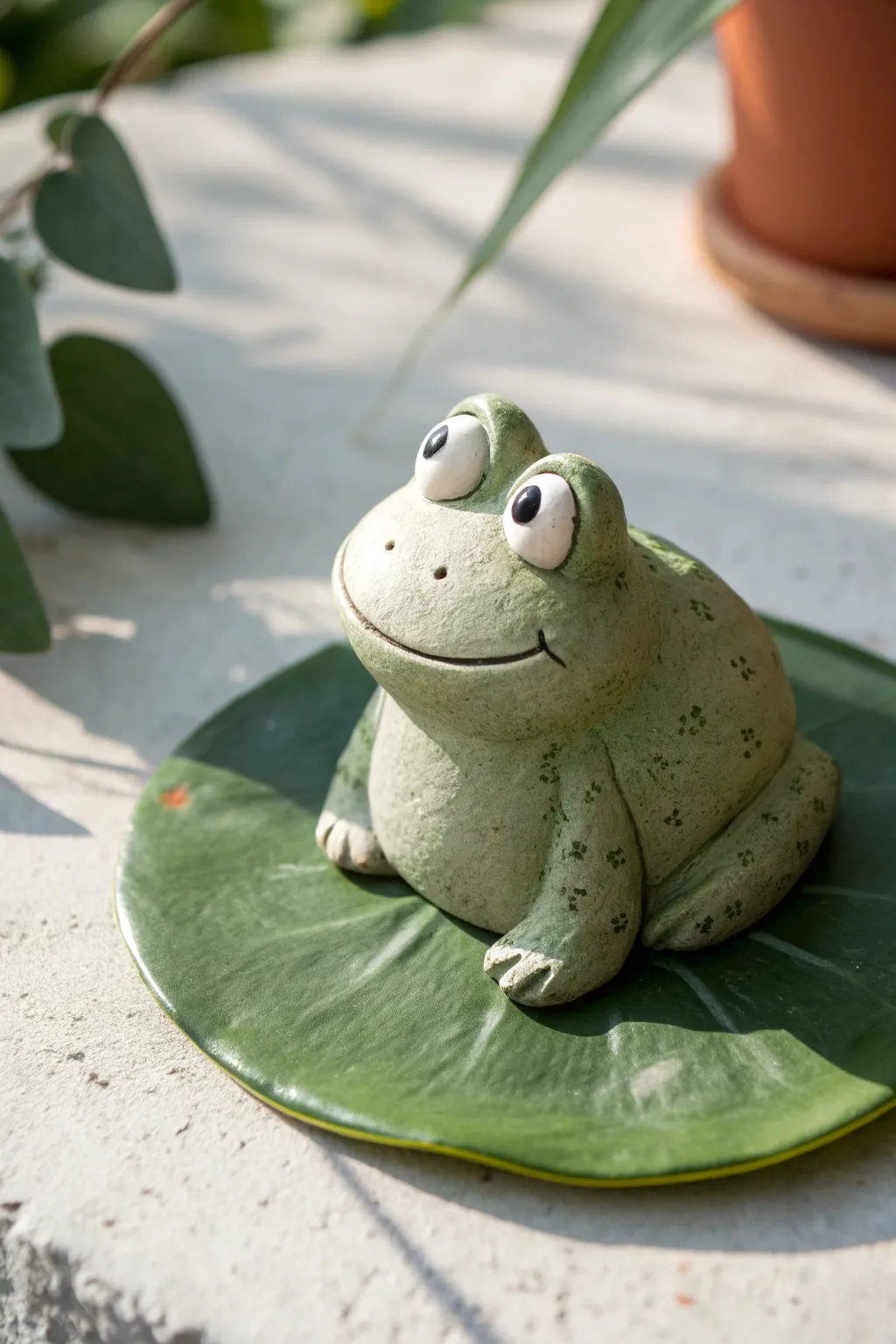 Adorable clay frog on a lily pad, a simple kid friendly sculpture with clean cozy style
