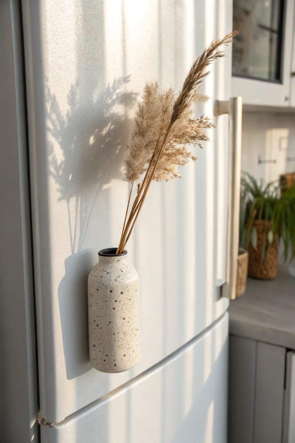 Tiny clay bud vase magnet on the fridge, holding one dried stem for simple boho charm