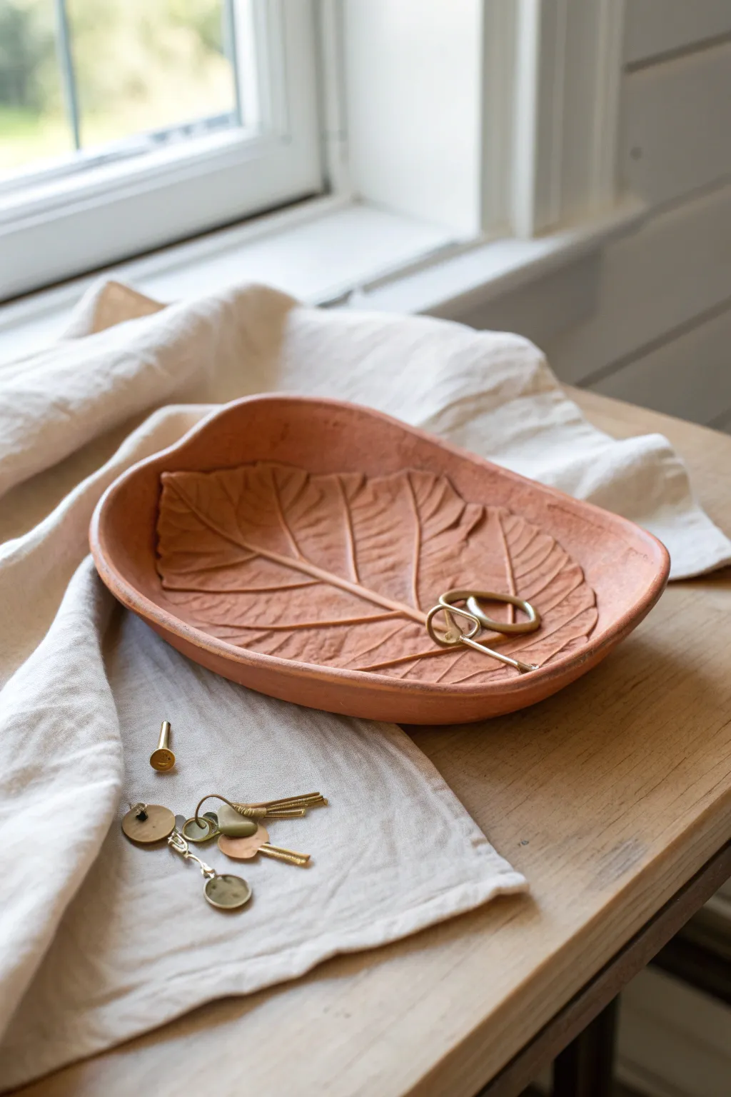 Minimal leaf catchall tray in terracotta, perfect for keys and tiny treasures on linen.
