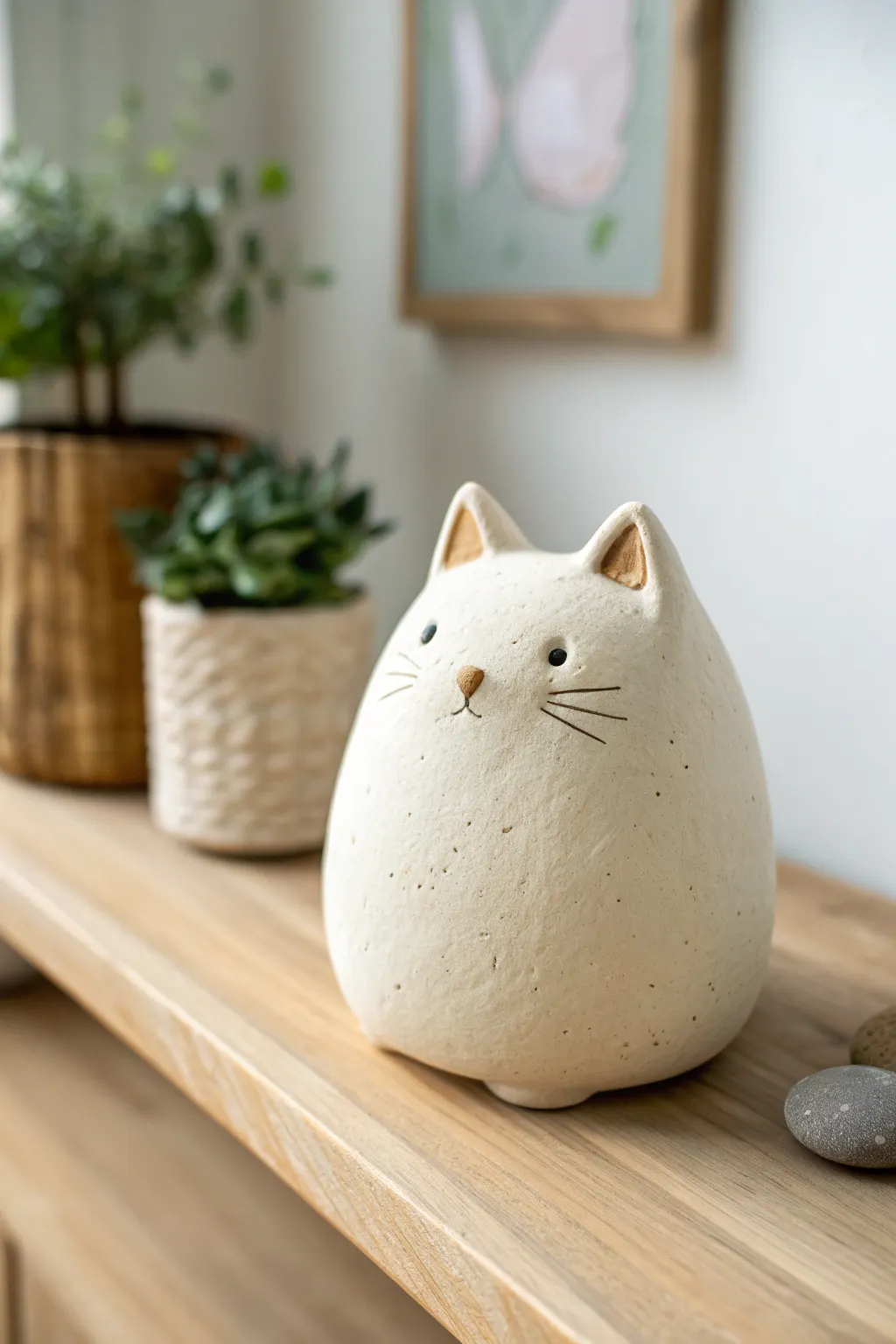 Beginner-friendly chubby clay cat figurine made from two simple shapes, cozy and minimal.