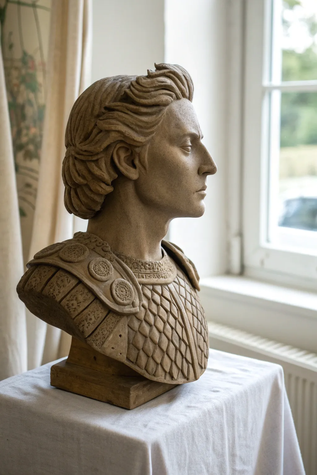 Fantasy clay bust with smooth skin, textured armor, and patterned hair for easy wow factor.