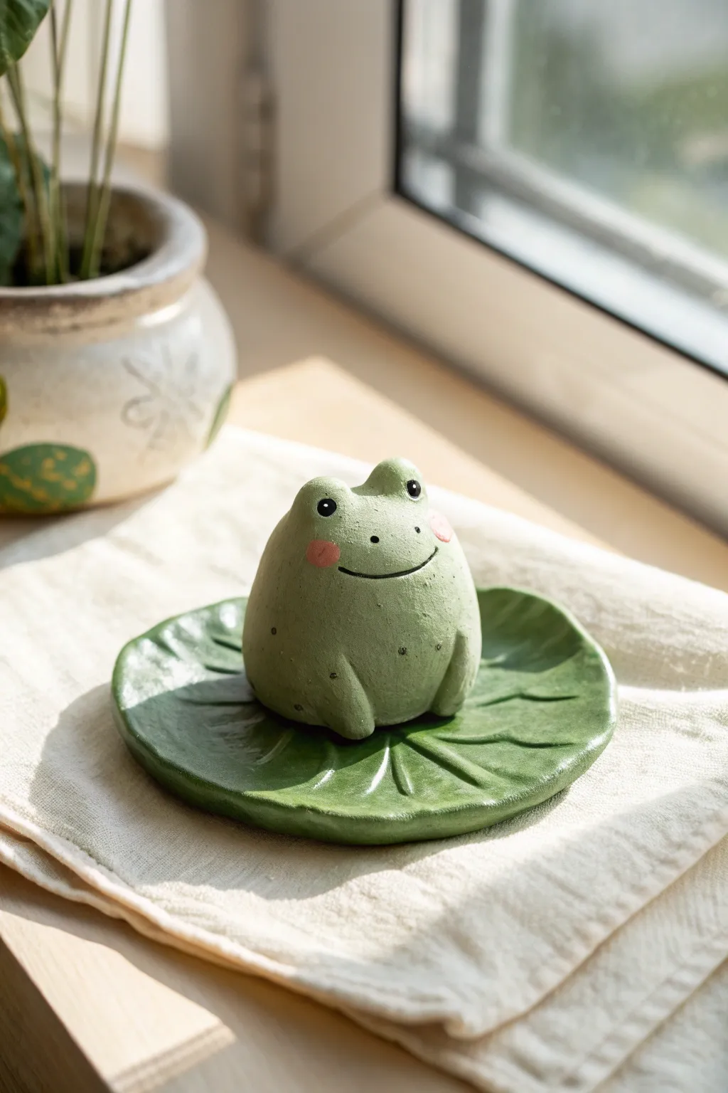 Tiny clay frog on a lily pad, an easy kids sculpture idea with sweet minimalist charm.