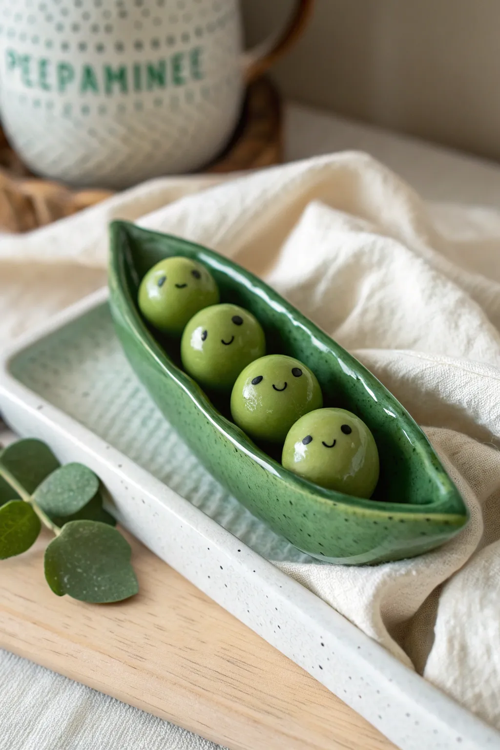 Cheerful clay pea pod with three sweet peas, minimalist studio look with bold green contrast