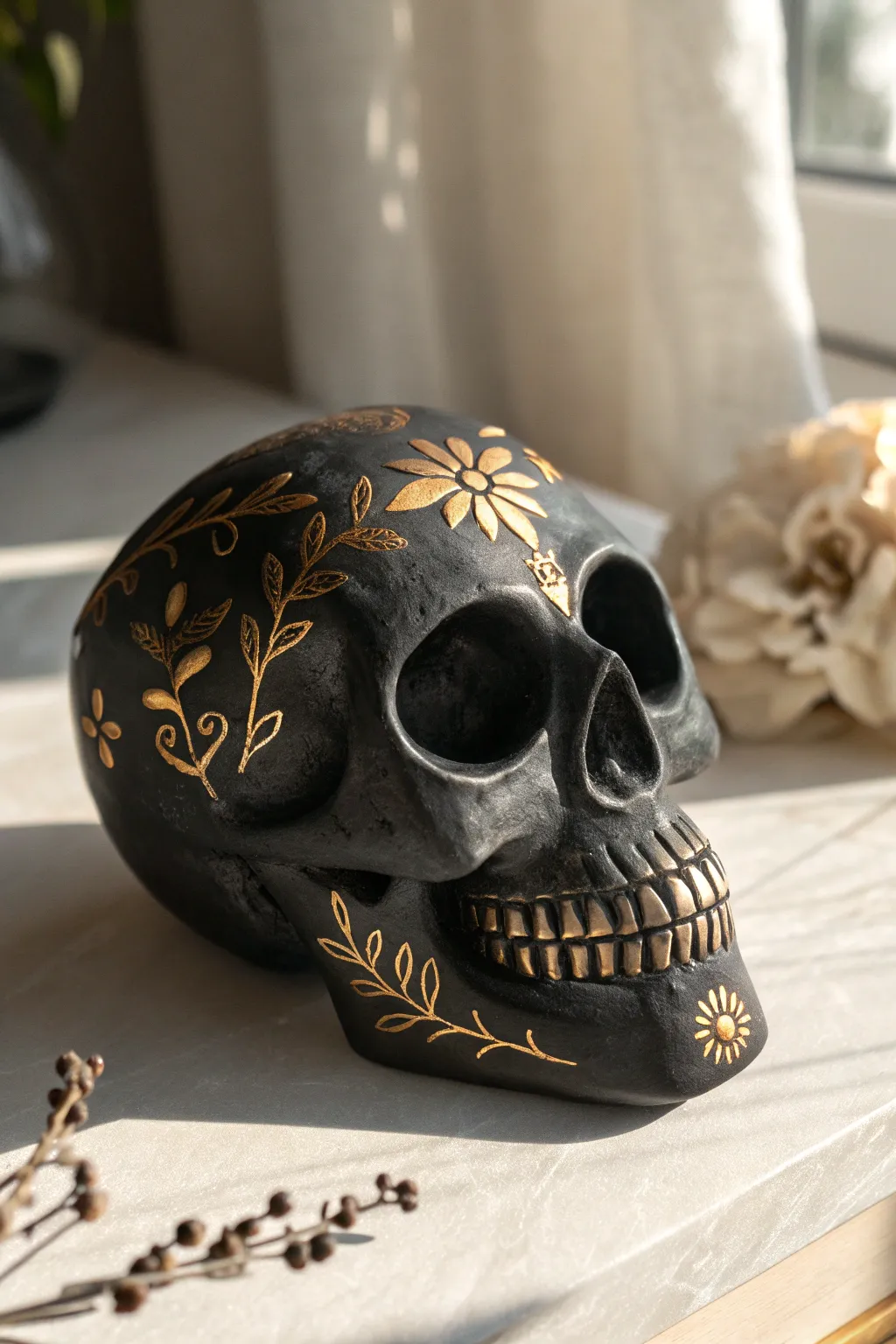 Matte black clay skull with subtle gold accents, minimalist boho style and soft shimmer.