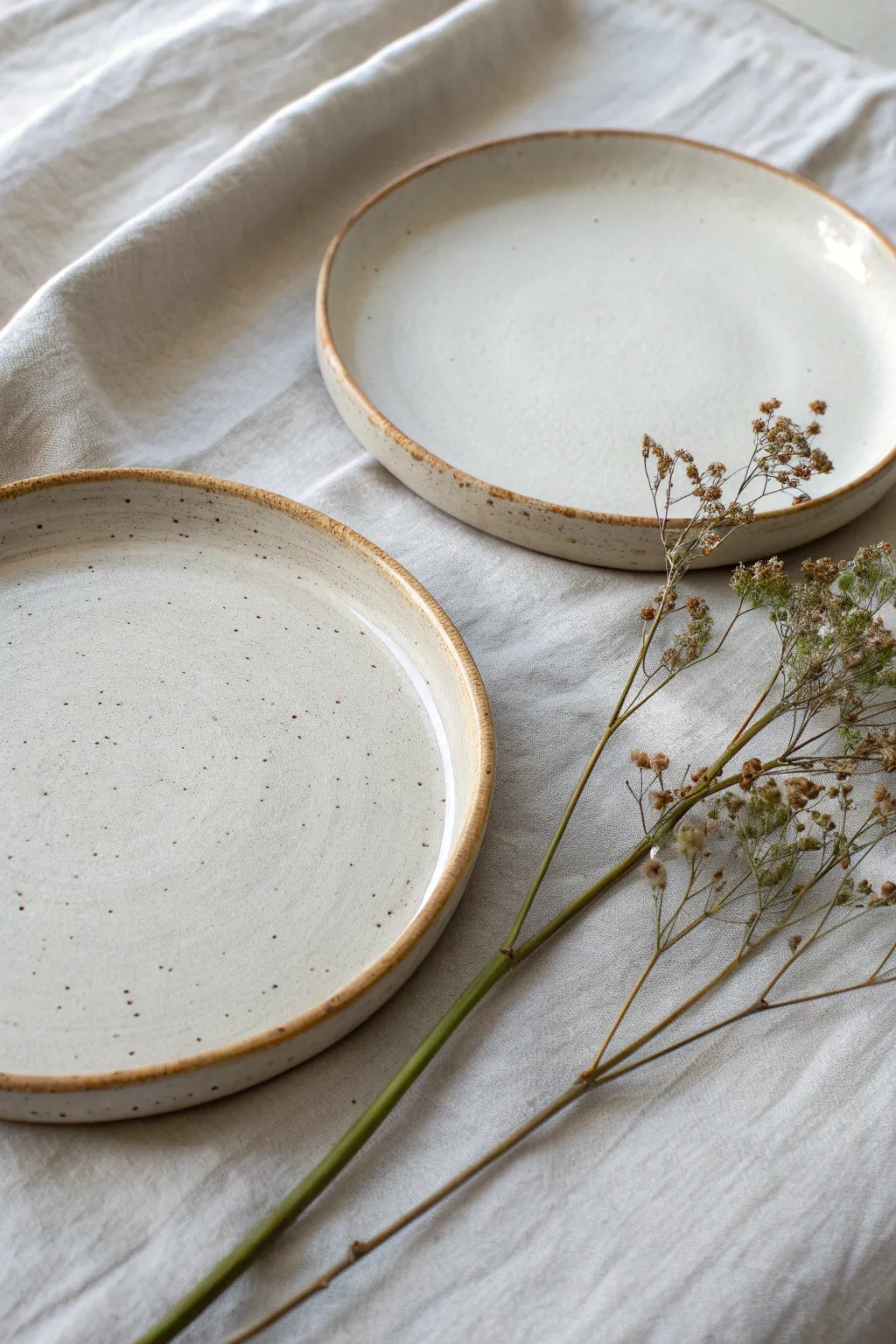 Minimalist slab plates with soft speckled glaze and dried florals for calm, modern table style