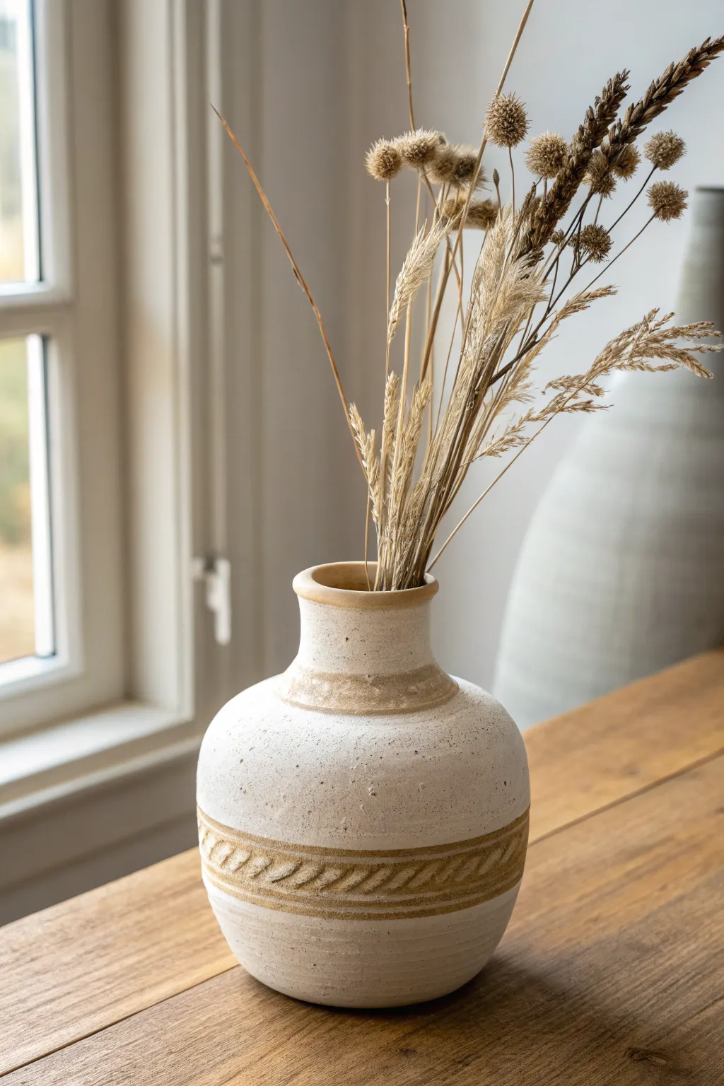Easy cylinder slab vase with a subtle texture band, styled simply with soft dried stems
