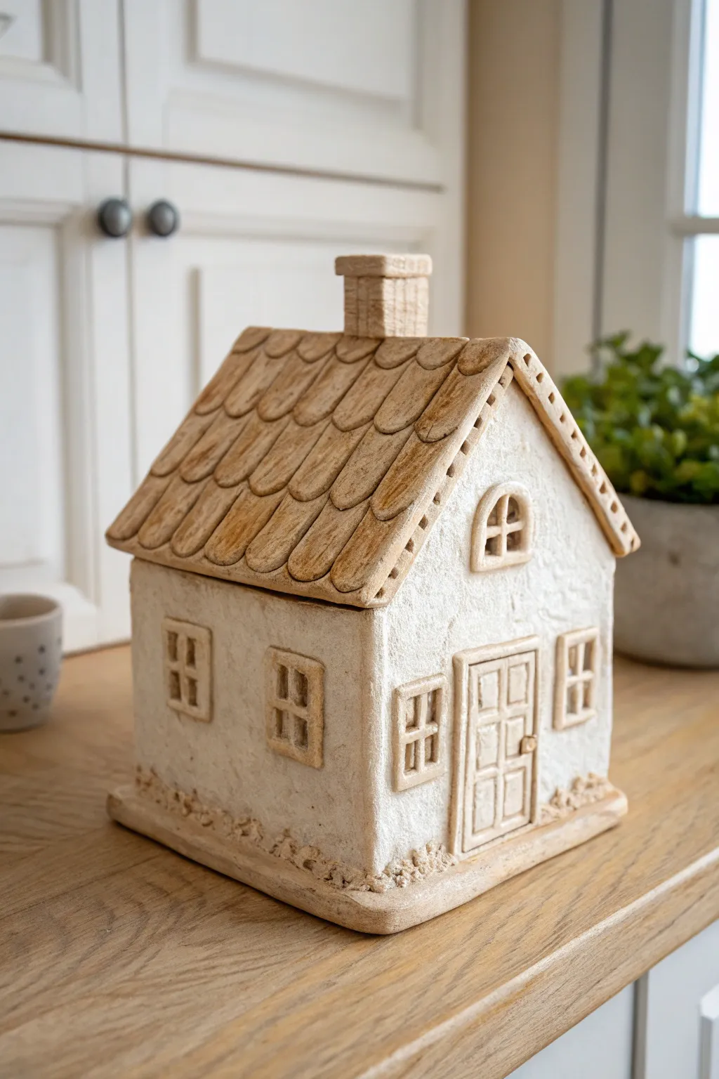 Cozy slab cottage with a tiny porch roof, chimney, and simple windows in calm neutral tones.