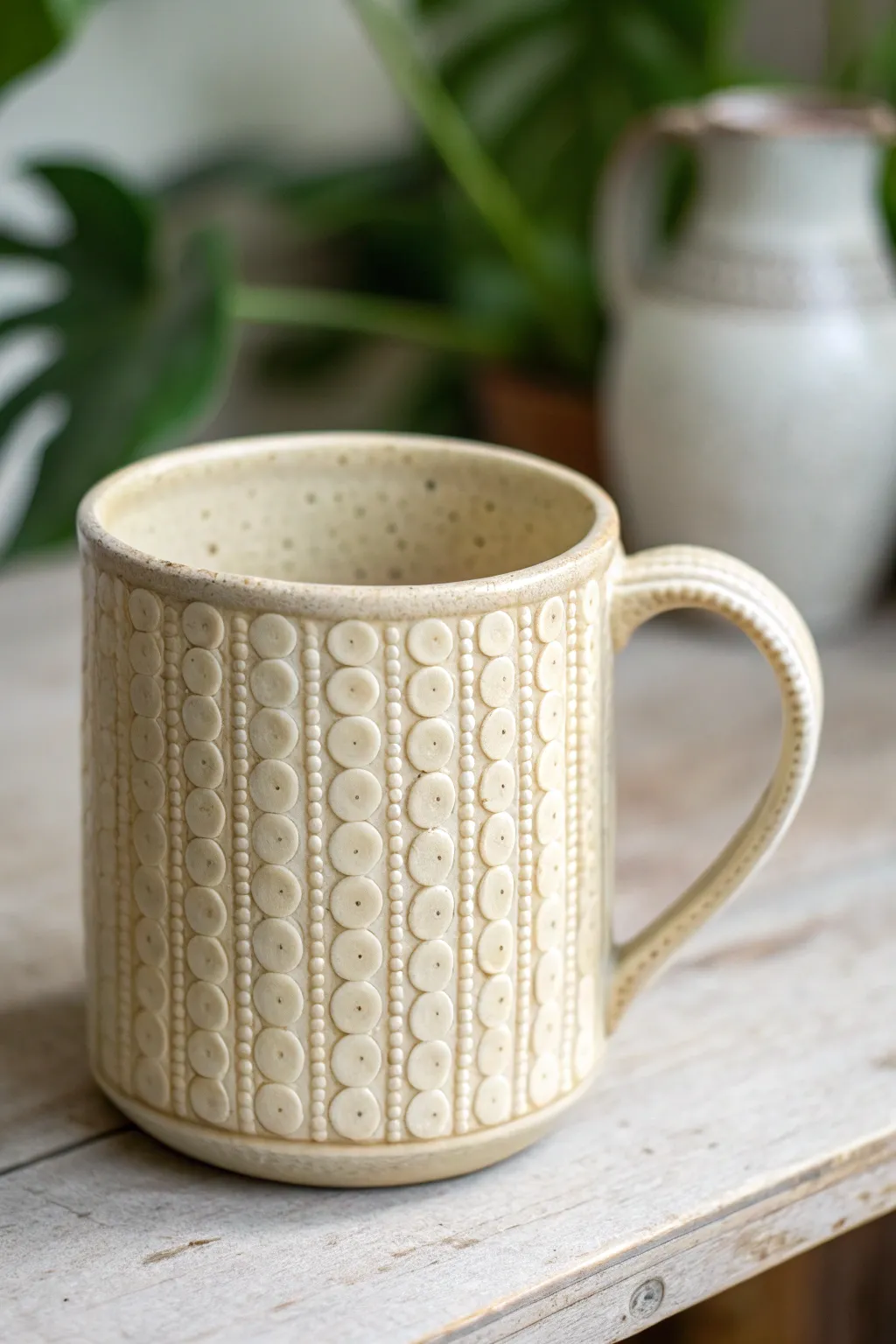 Texture-rolled slab mug with a light glaze that pools to highlight an all-over embossed pattern.