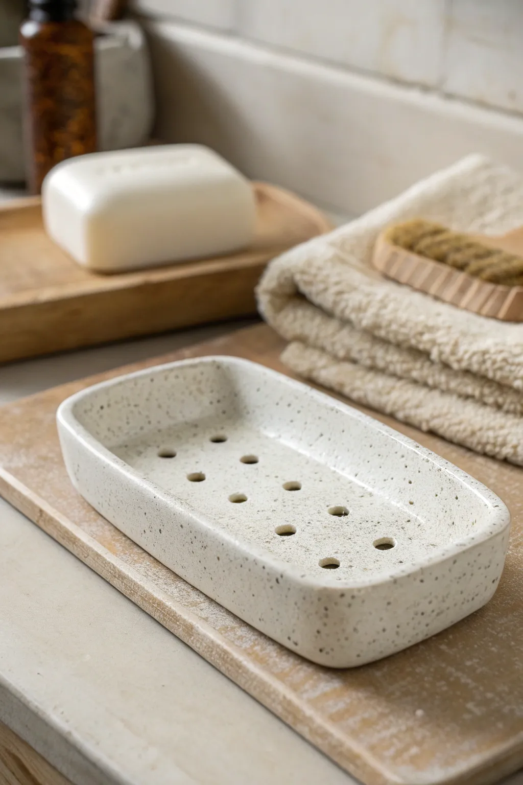 Minimal slab soap dish with drainage grooves, a calm spa corner in soft Scandinavian style.