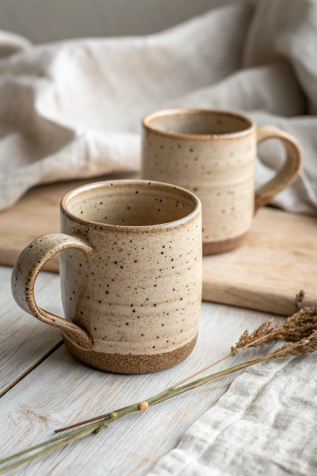 Beginner slab mugs with strap handles, soft seams and earthy tones for cozy minimal style