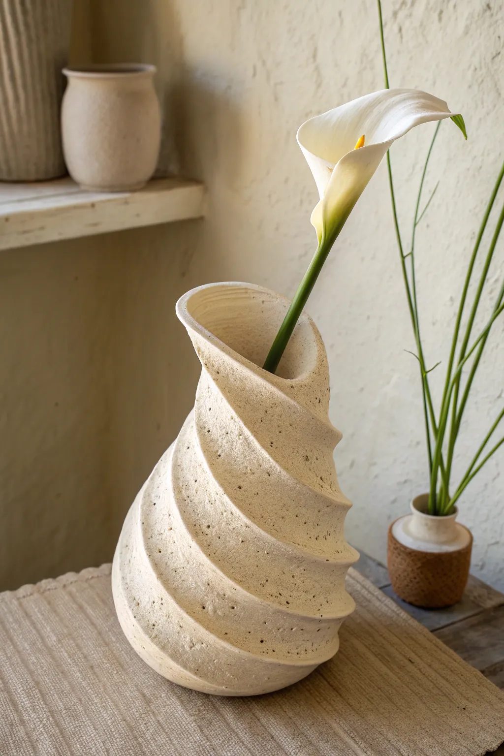 Soft-slab calla wrap vase with one delicate stem, minimalist curves and warm earthy contrast