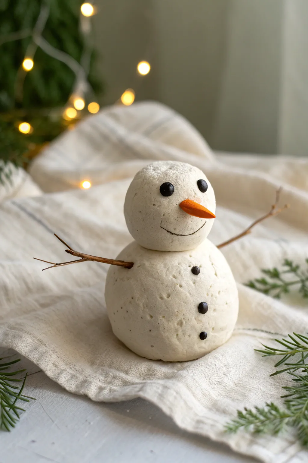 Rustic clay snowman with twig arms and a bright carrot nose on natural linen, cozy and minimal