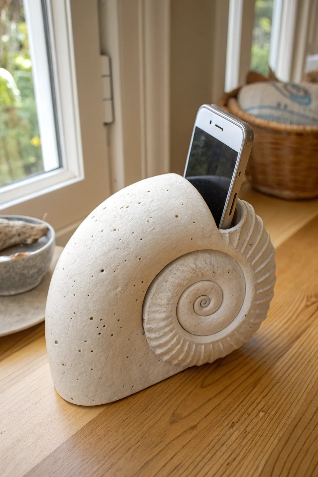 Nautilus-inspired clay horn amplifier with a hidden phone slot, minimalist, warm, and handmade.