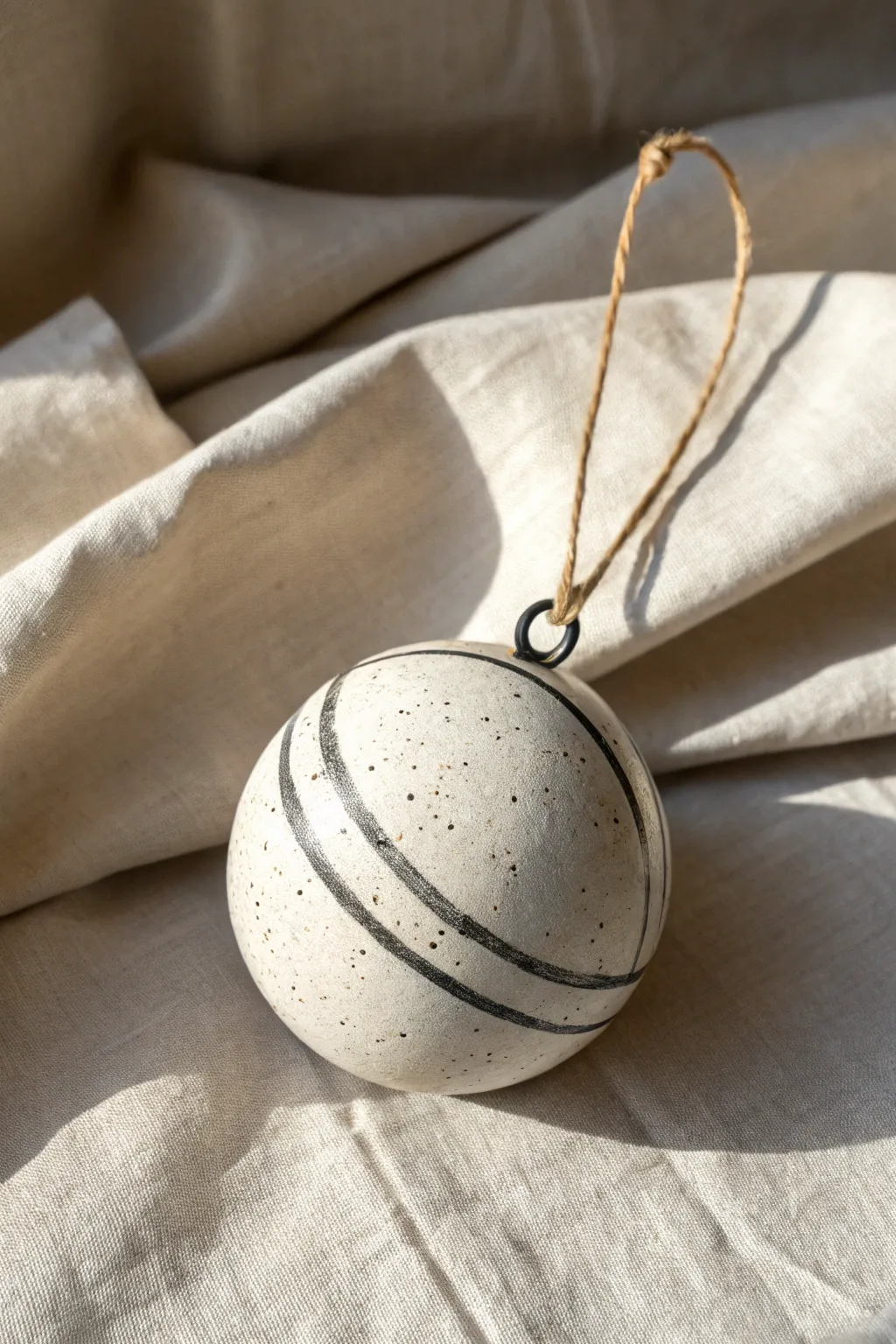 Classic hanging ceramic sphere with speckles and minimalist stripes, simple handmade beauty