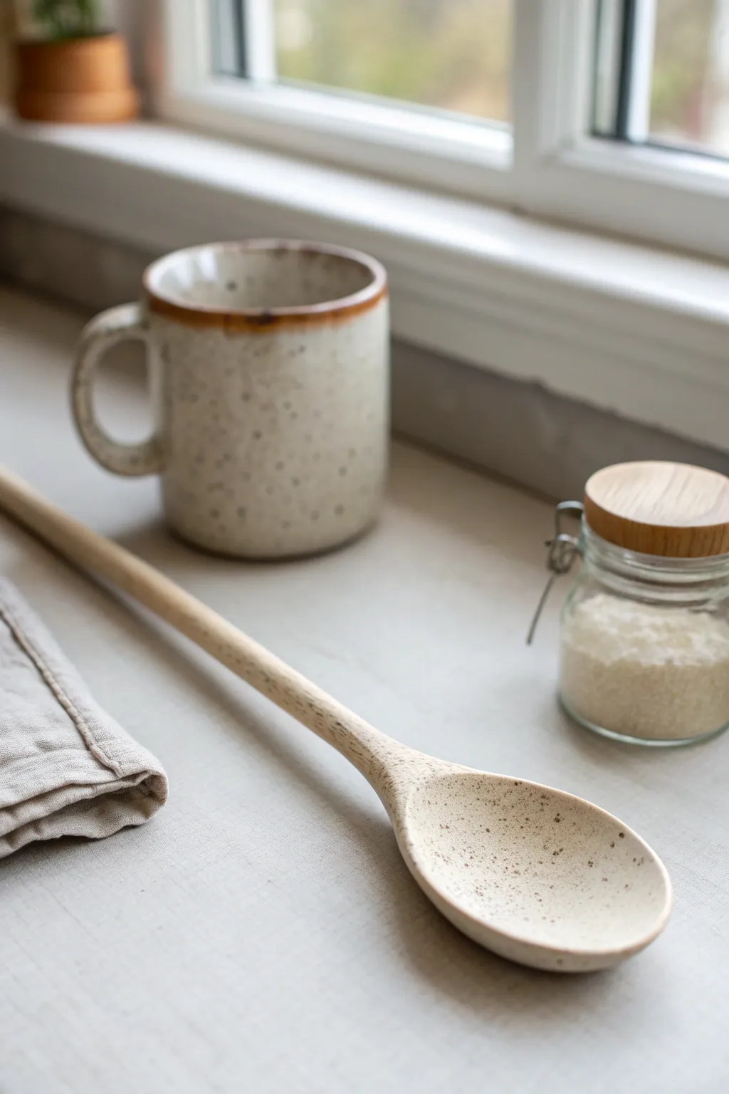 Long-handled clay stirring spoon styled with a mug for calm, minimalist kitchen inspiration