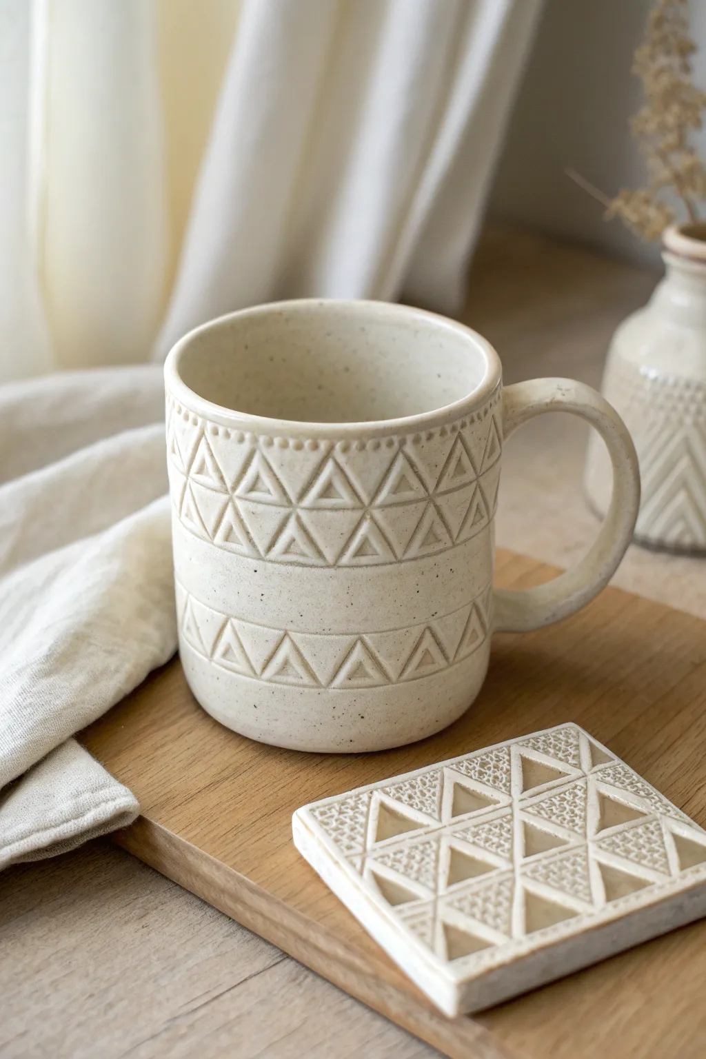 Modern triangle stamp repeat on a minimalist mug, with a matching test tile for clarity