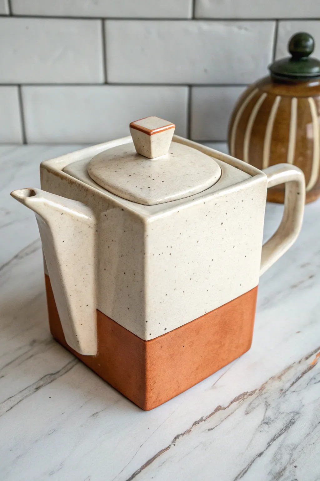 Crisp slab-built box teapot with a modern two-tone glaze for calm, minimalist tea moments