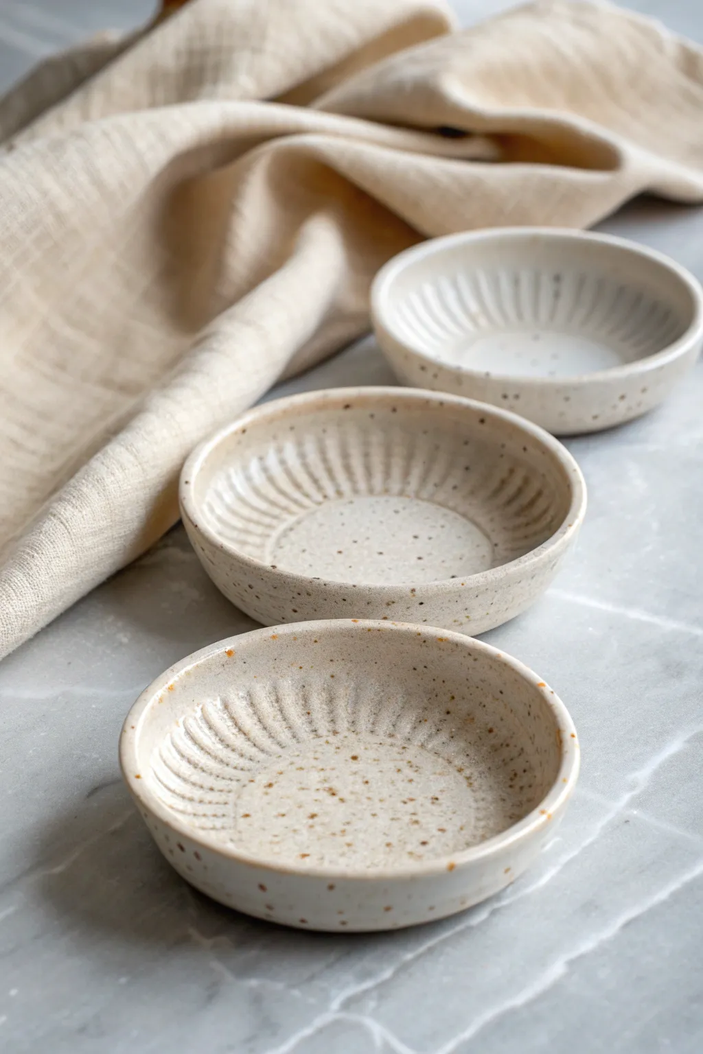 Three minimalist trinket dishes showcasing easy found object textures for clay texture ideas.