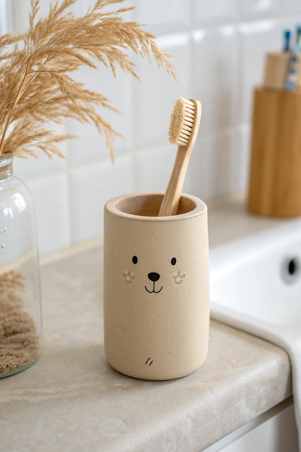 A sweet minimalist toothbrush holder that adds cozy handmade charm to your bathroom counter.