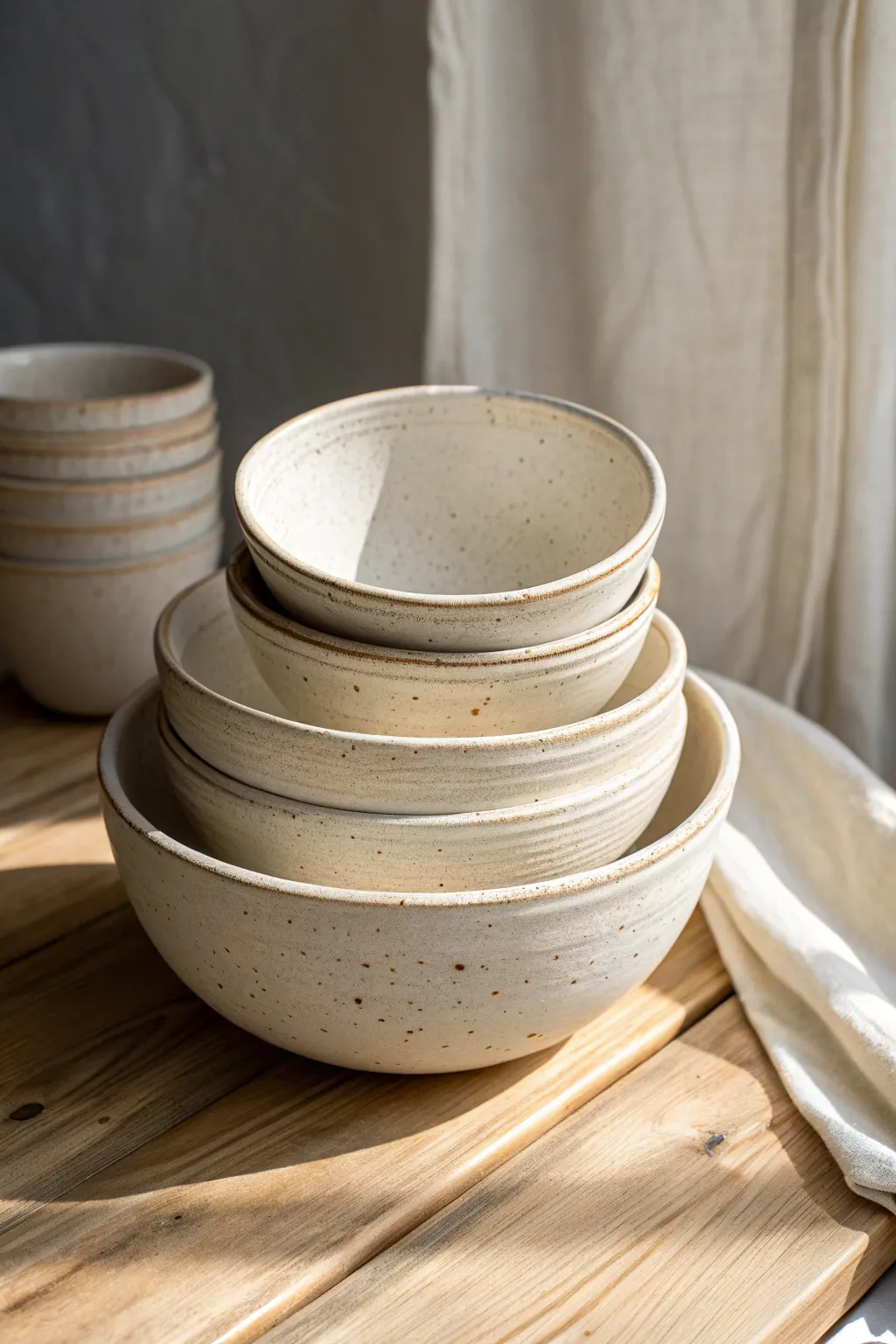 Five nesting bowls in a calm speckled glaze, stacked neatly for a minimal handmade look.