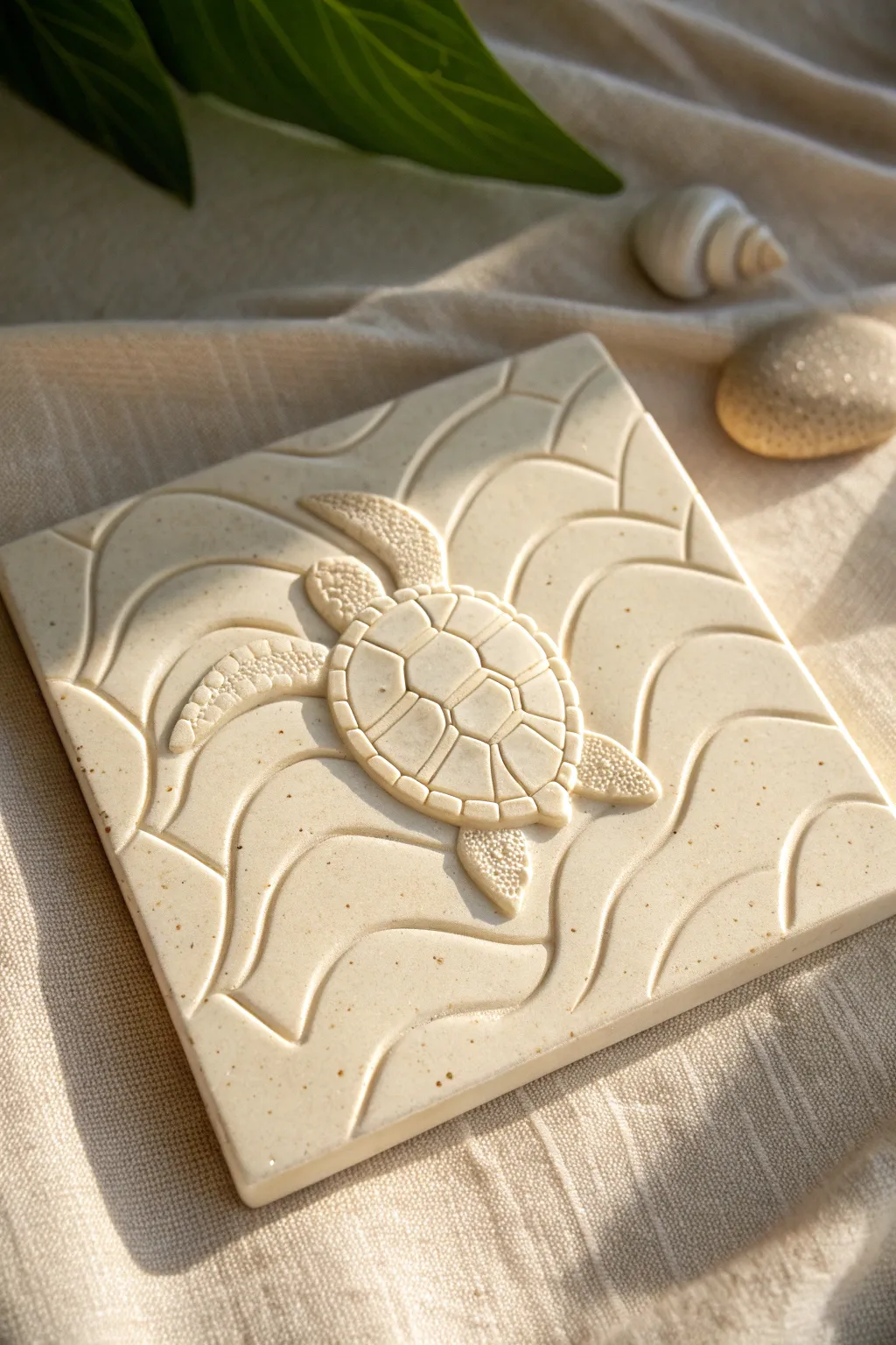 Minimal sea turtle relief tile floating over calm wave textures, a soothing coastal clay art idea.