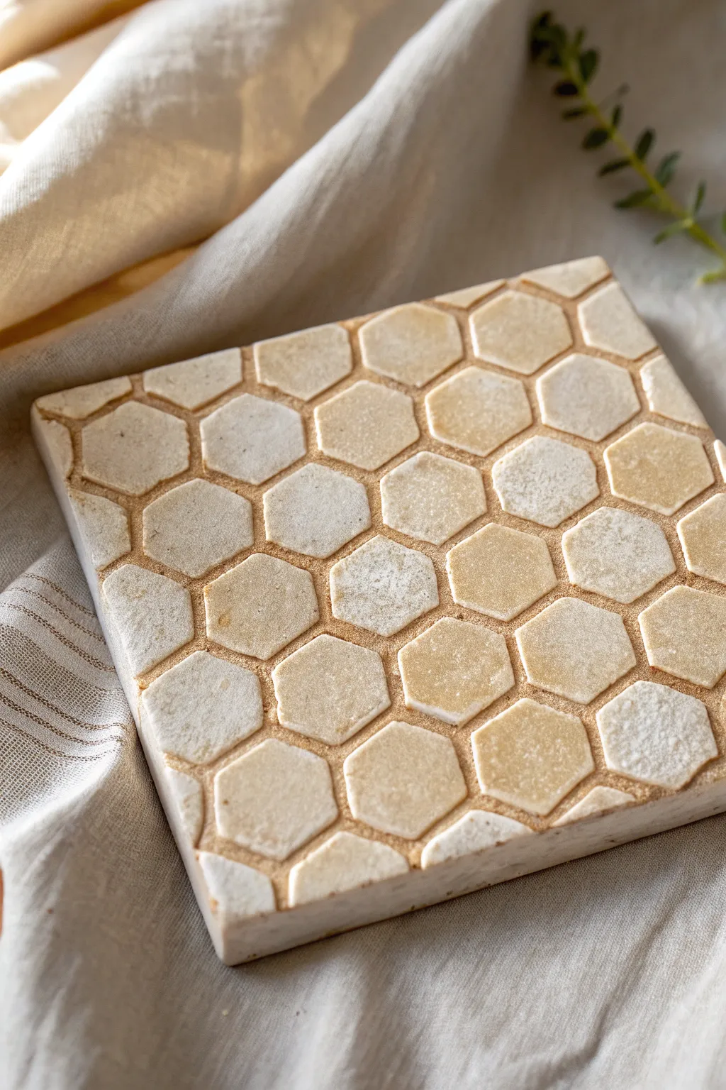 Honeycomb-stamped clay tile with soft wash finish, minimalist boho texture and depth.