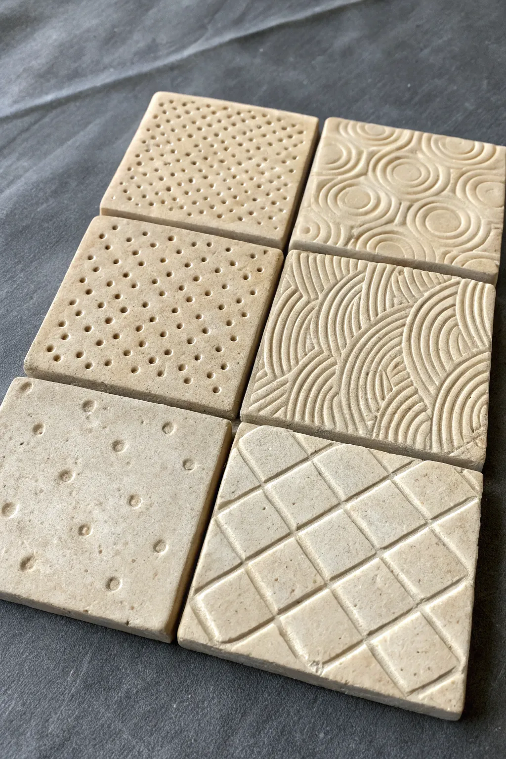 A texture sampler tile swatch book in clay, minimalist grid of tactile patterns with contrast