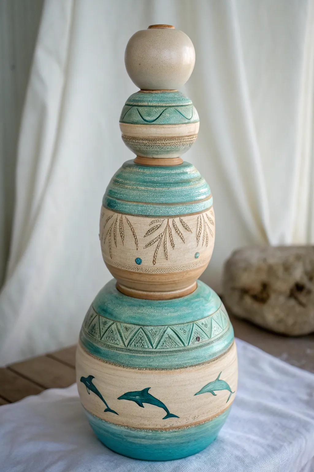 Ocean-gloss clay totem with dolphin silhouettes and a rounded urn bead, calm and modern.