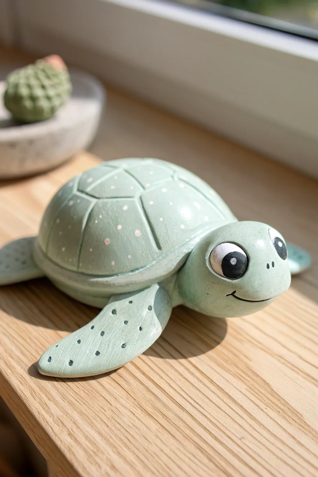 Tiny clay turtle with big glossy eyes on light wood, simple shell details and warm minimal styling.