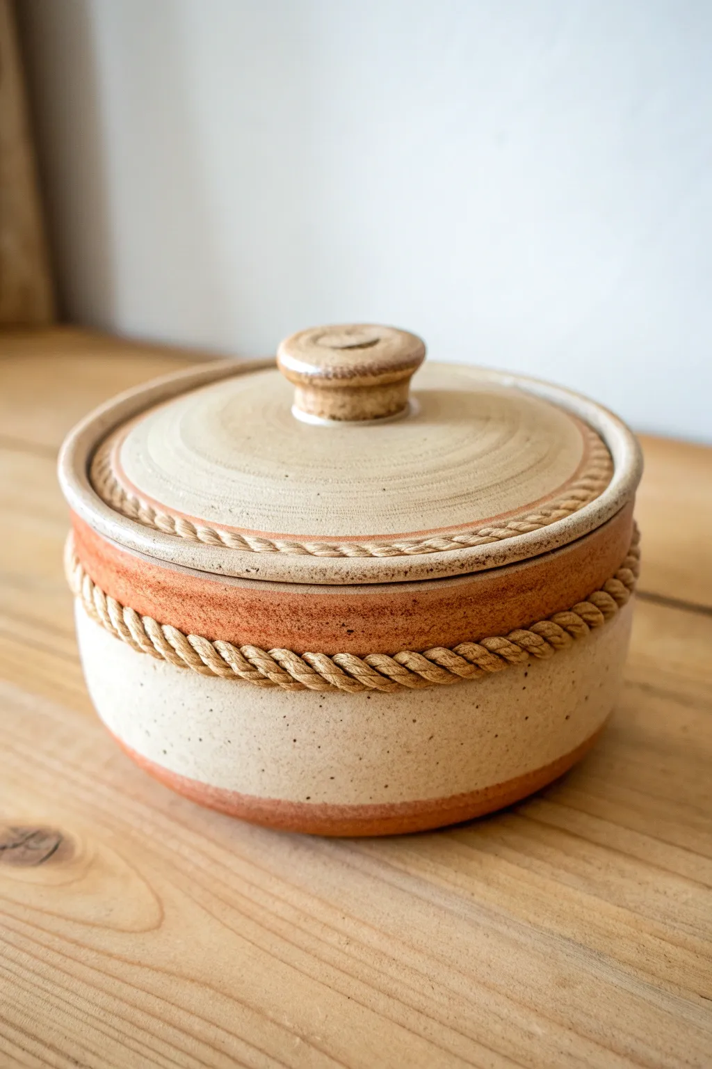 Earthy coil-rope rim trinket box in warm clay tones, minimalist boho studio styling.