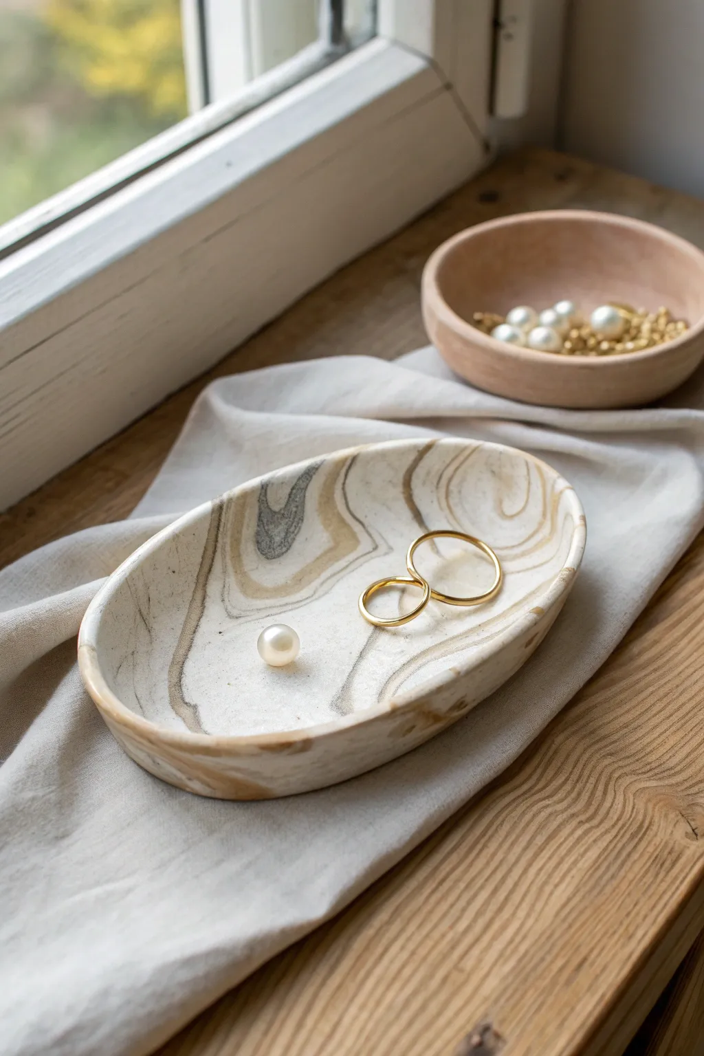 Marbled neutral trinket dish with creamy swirls, perfect for rings in a calm boho corner.