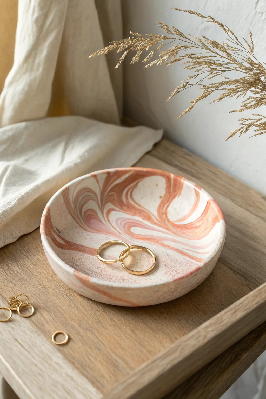 Glossy marbled clay trinket dish with soft blush swirls and gold rings, minimalist chic.