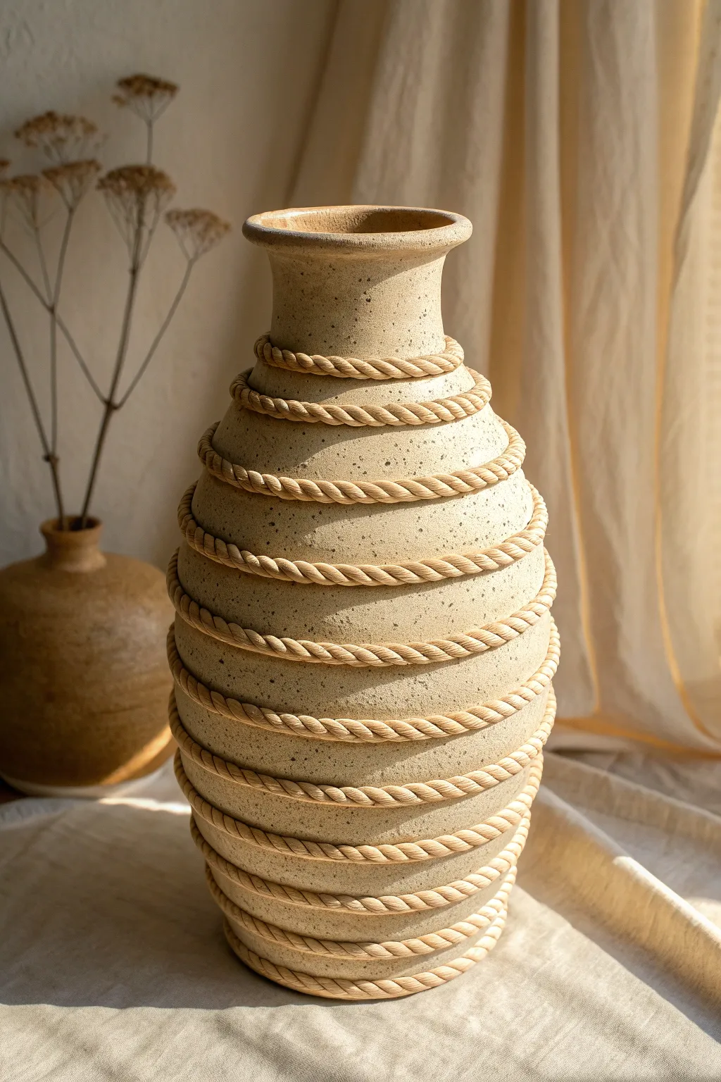 Raised coil wraps spiral upward, creating soft shadows that highlight handcrafted texture.