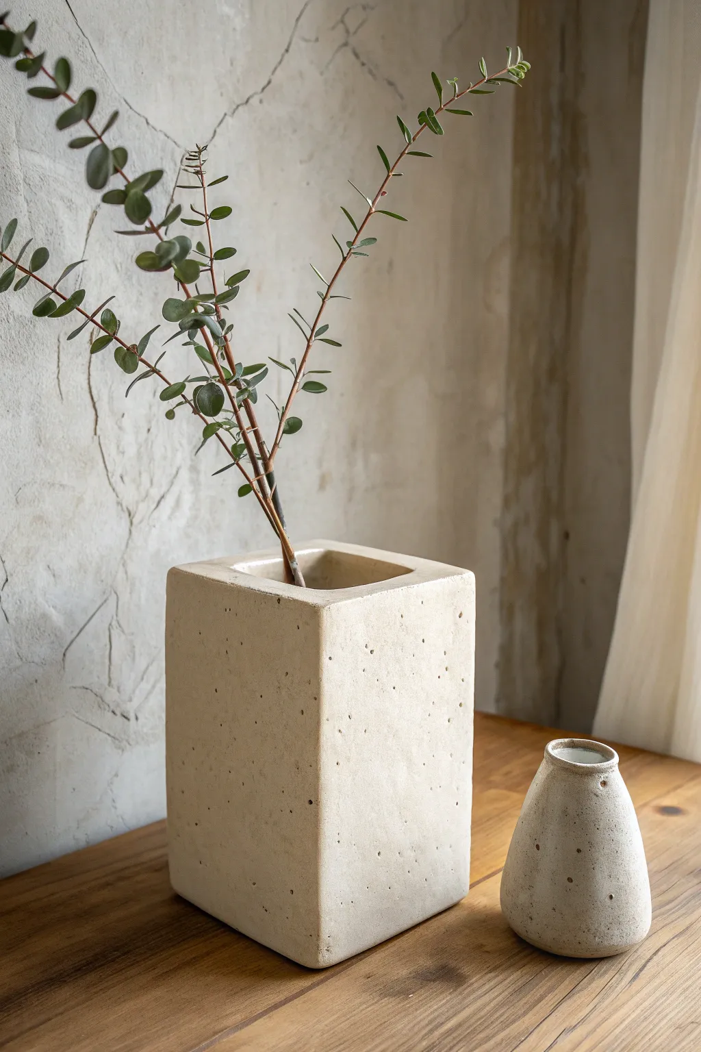 Crisp slab-built square vase in matte clay tones, styled with a single airy branch.