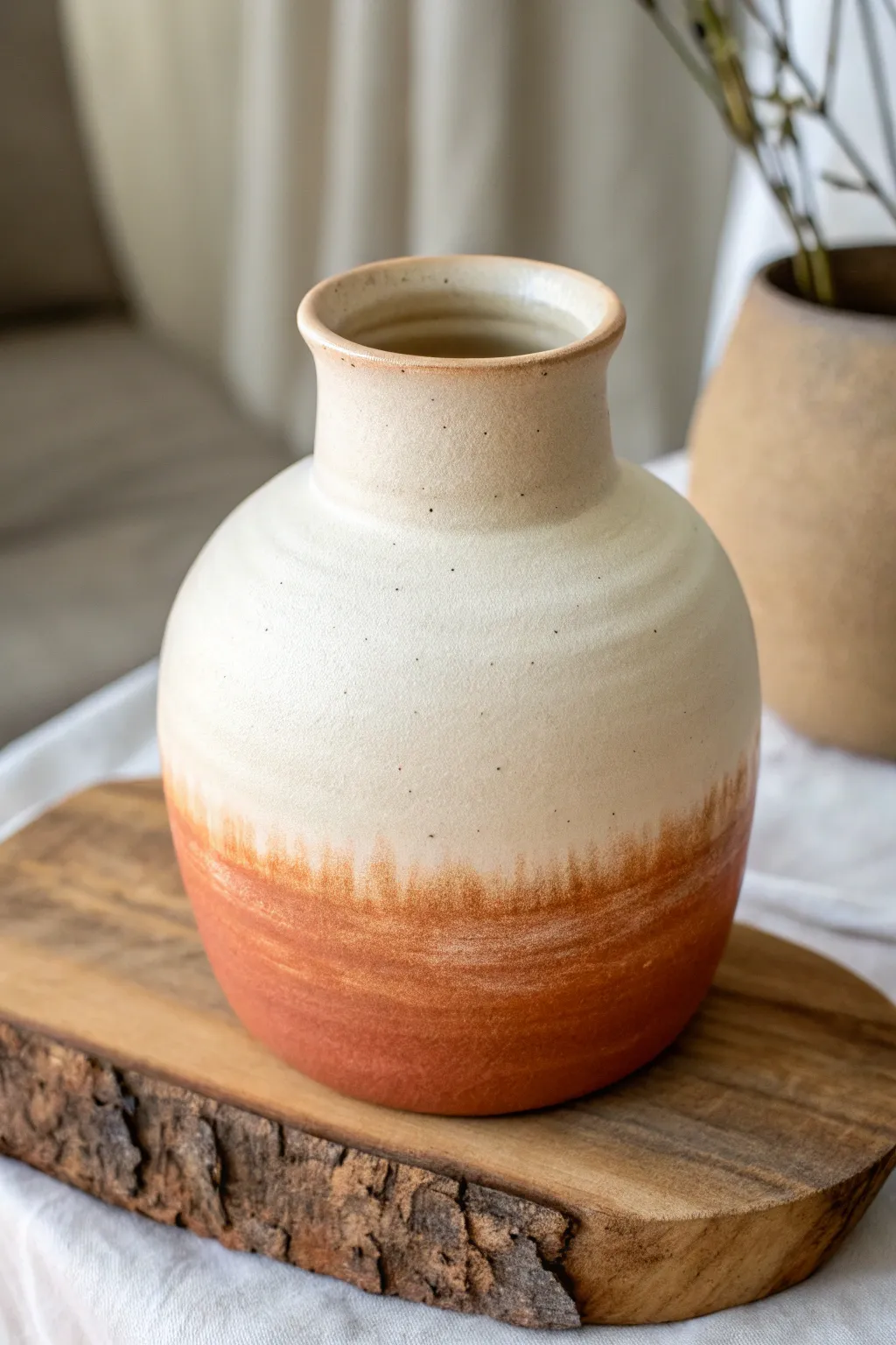 Soft ombré dip-dye clay vase, ivory to terracotta fade with a calm matte-to-satin glow