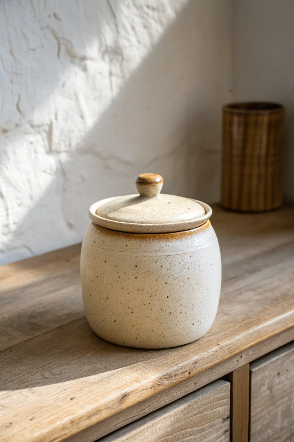 Squat lidded clay jar with knobbed lid, perfect for cotton swabs or tea bag storage