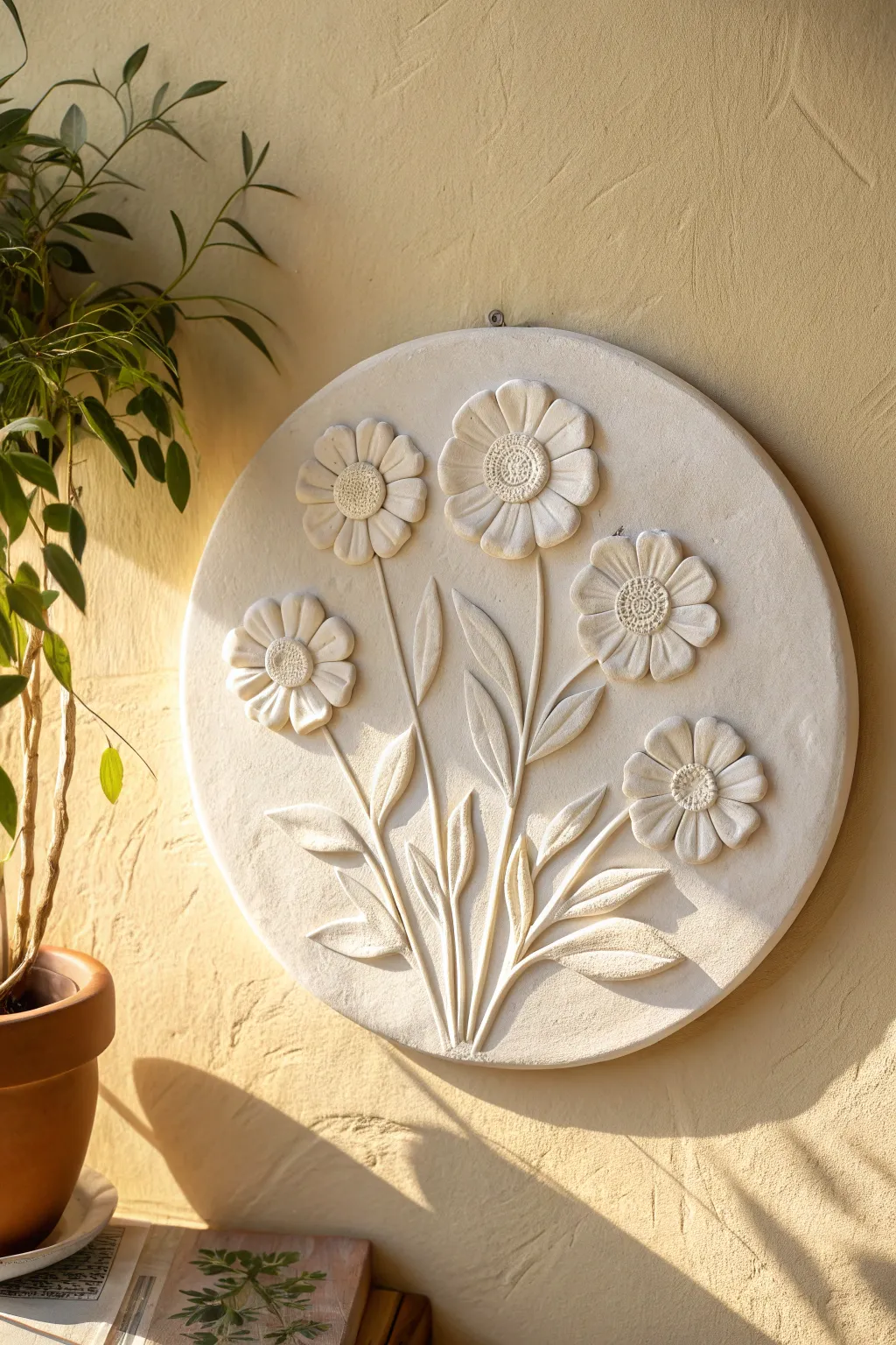 Sculpted flower bouquet in matte white clay, a minimalist wall plaque with soft shadow depth.