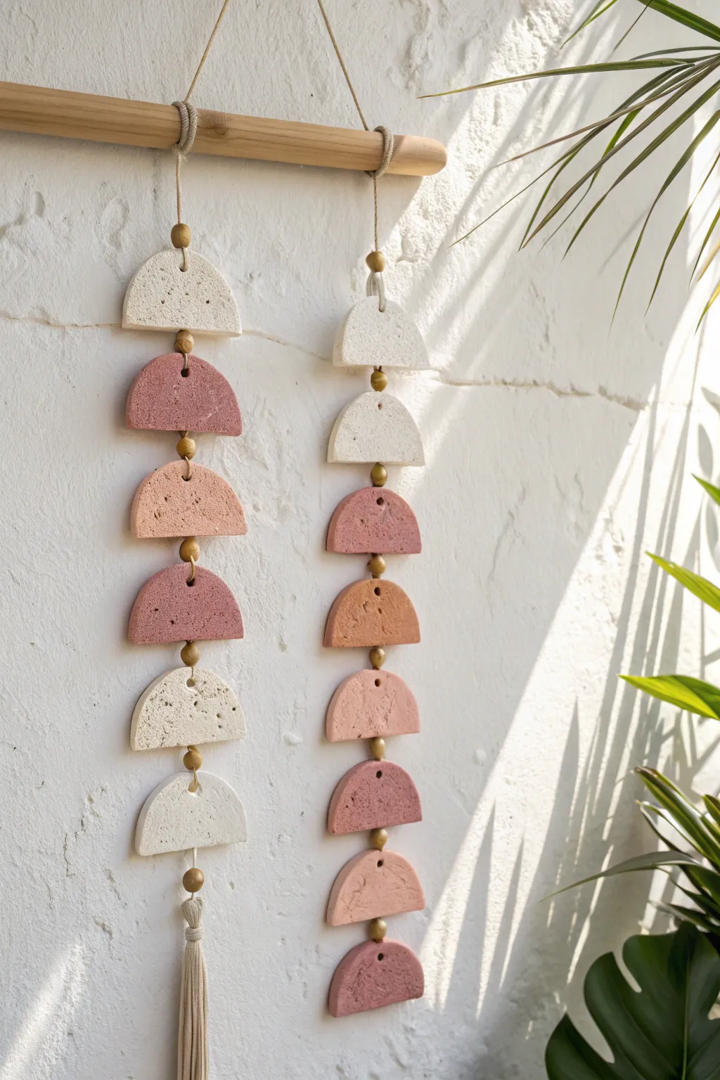 Soft neutral arch tiles on brass rings and oak dowel for a modern minimalist boho wall.