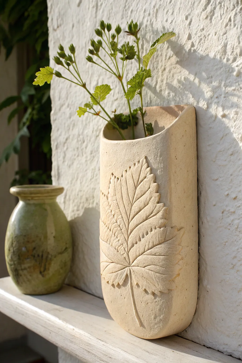 Leaf-imprint wall pocket with a single green sprig for a calm, nature-inspired statement