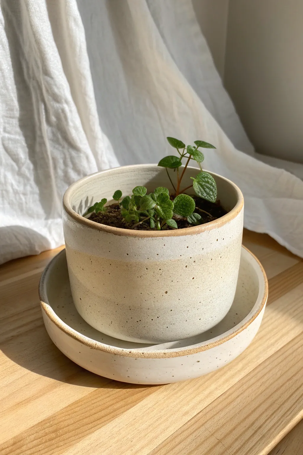 Simple wheel-thrown low planter with attached saucer, clean rim line and soft Nordic tones