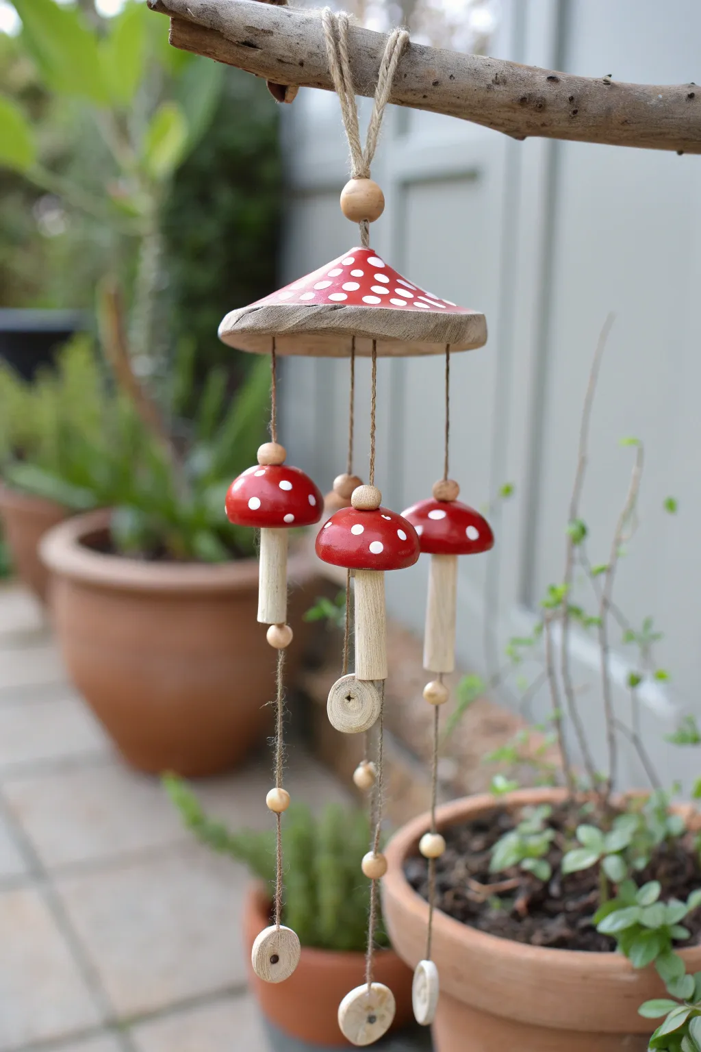 Whimsical mushroom toadstool wind chime in clay, adding fairytale charm to any garden nook.