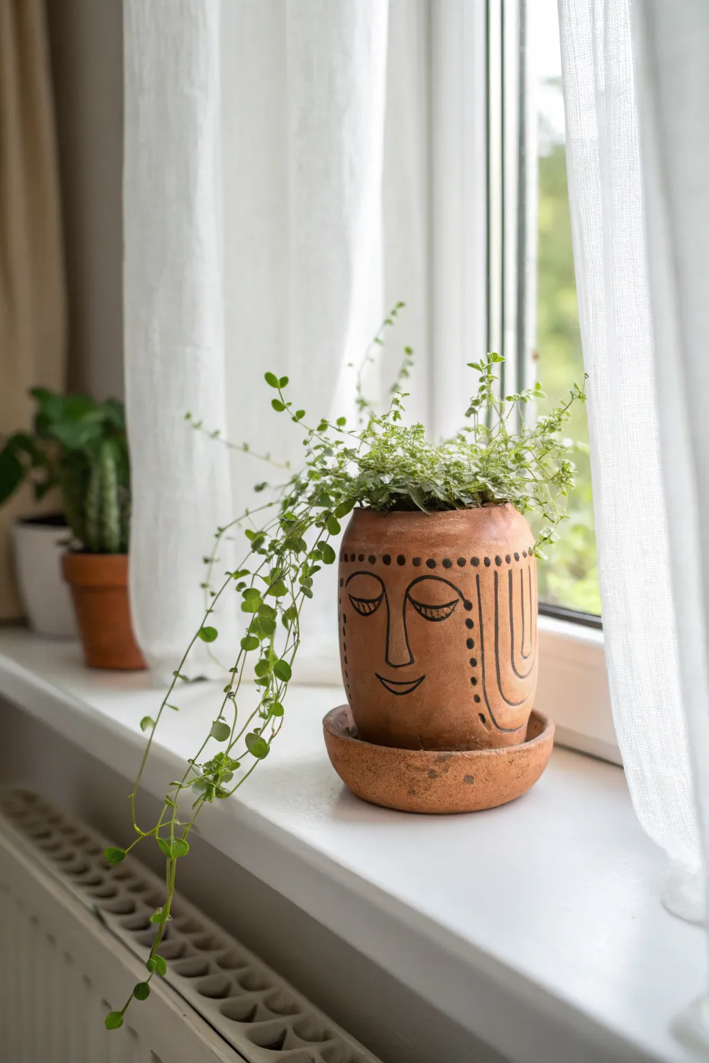 Minimal face planter with textured clay hair, glowing on a sunny sill with soft greenery.