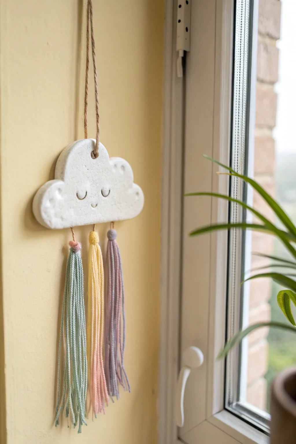 Soft cloud clay hanger with pastel rainbow rain, a minimalist boho touch for cozy walls.