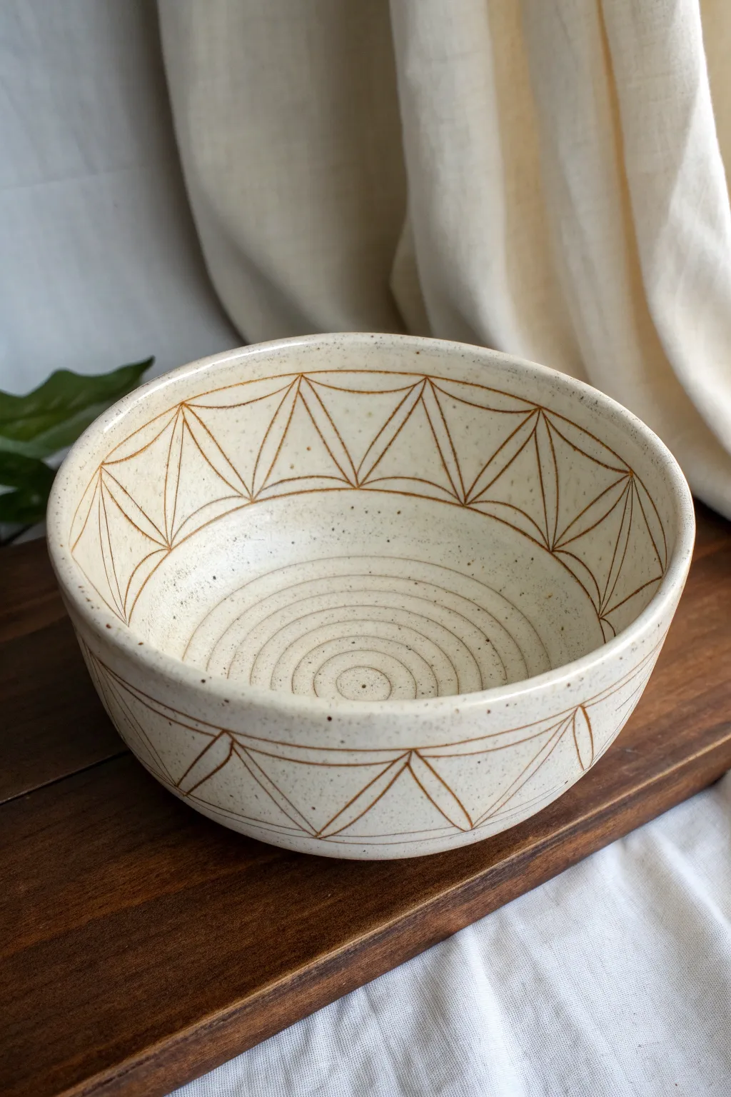 Geometric coil bowl with angled segments, minimalist lines, and warm neutral Scandinavian calm.