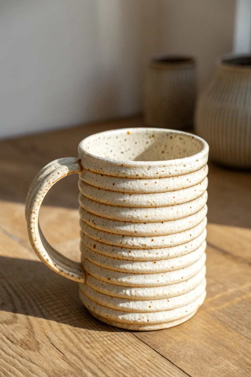 Corrugated pinch-textured coil mug with matte glaze, rugged grip, and soft Nordic calm