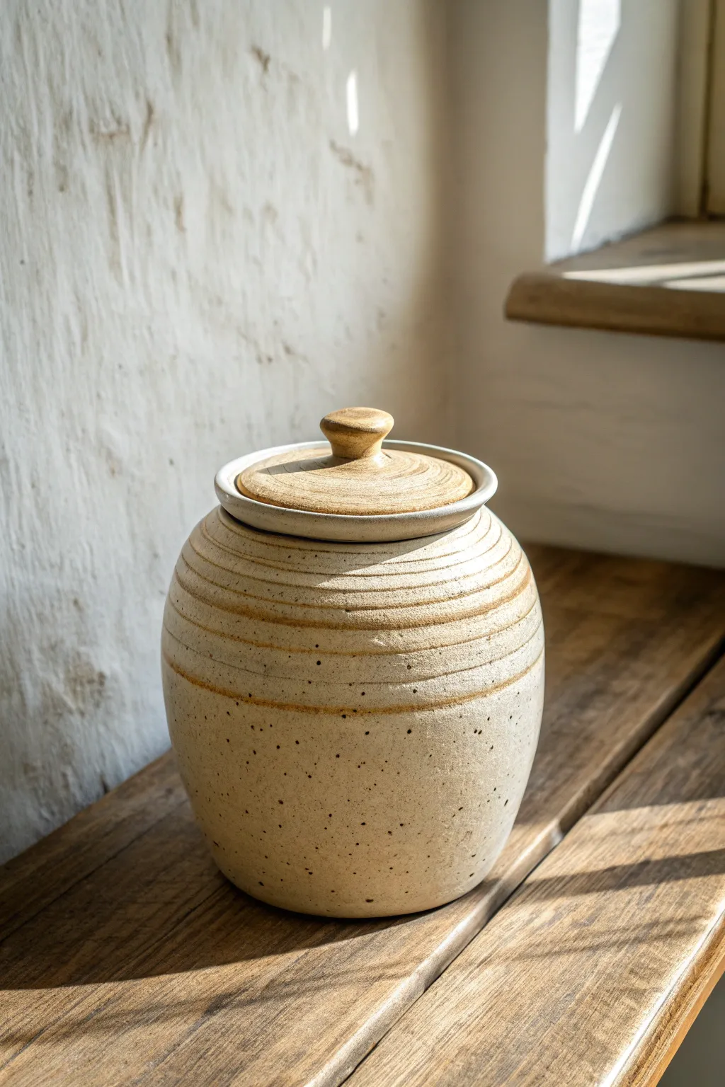Minimal lidded coil jar with a clean gallery rim, warm clay tones and calm Nordic light.