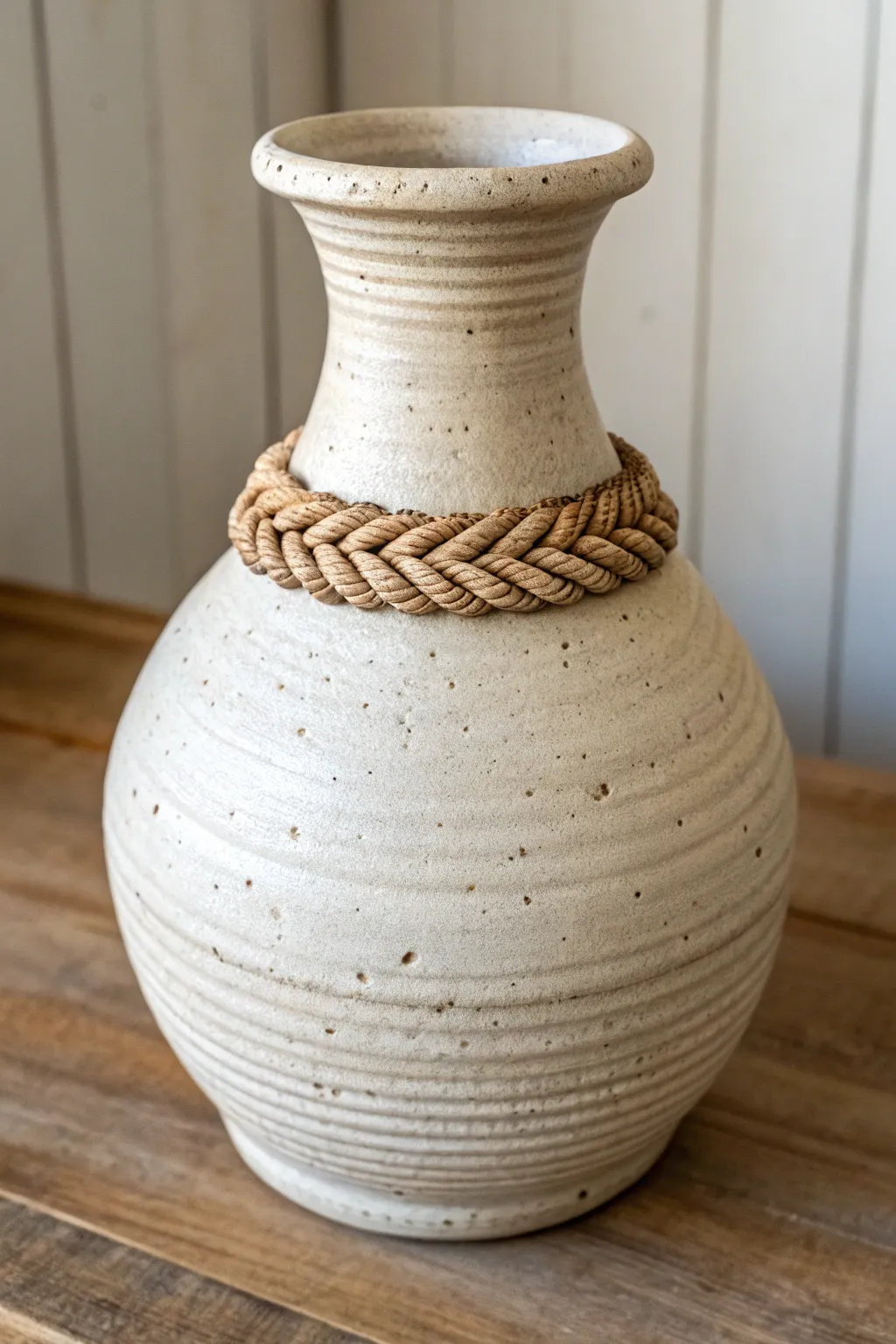 Chunky braided-rim coil vase in matte ivory, clean Nordic styling with warm boho texture.
