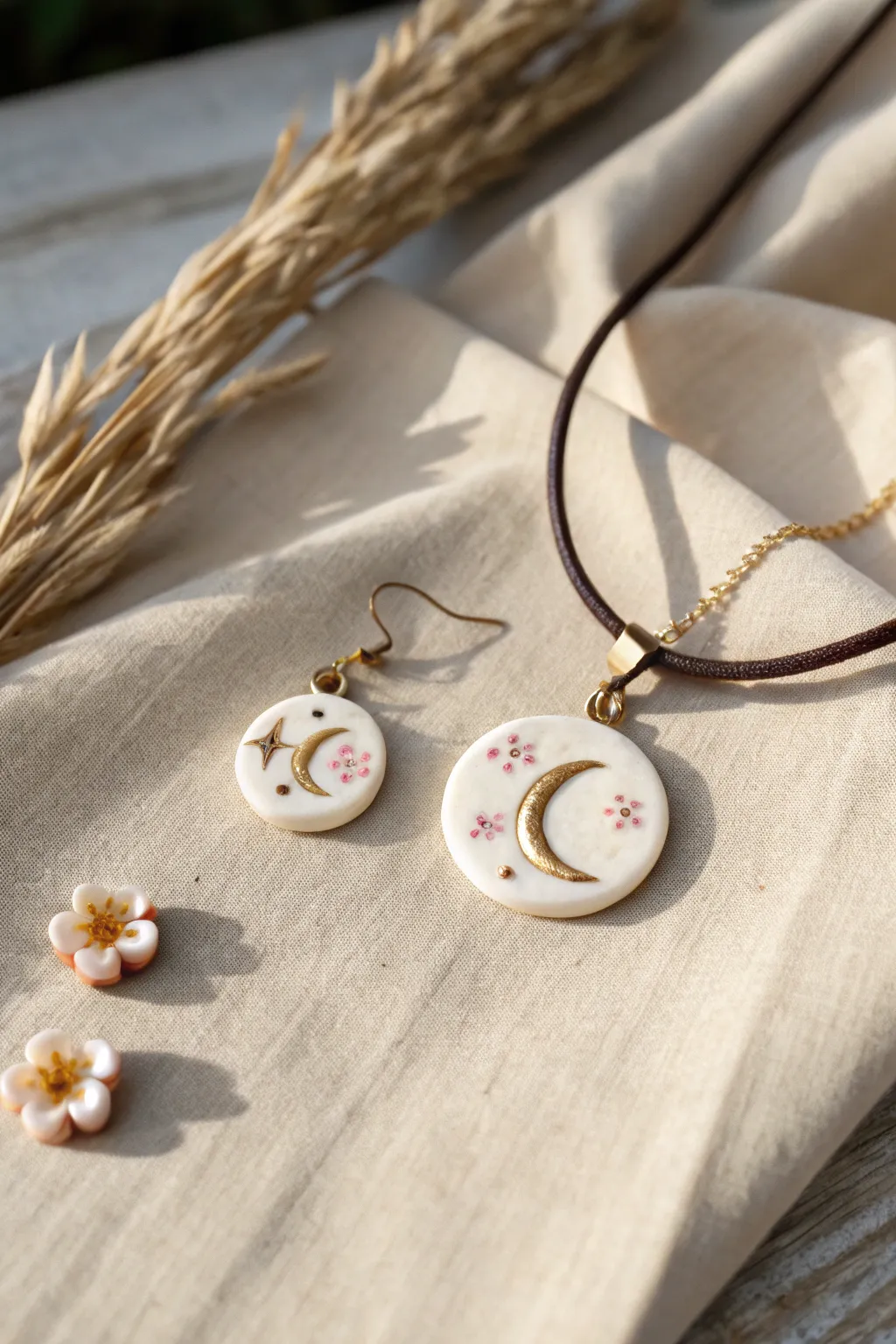 Dainty cold porcelain stud earrings and matching pendant, minimal Nordic style with soft boho warmth